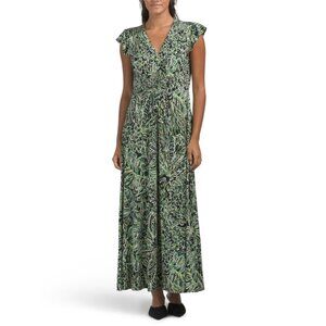 LONDON TIMES Black/Green Flutter Sleeve Smocked V-neck Maxi Dress